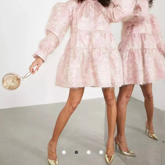 ASOS EDITION tiered smock mini dress with high neck in fluffy jacquard in pink - Picture 3 of 4